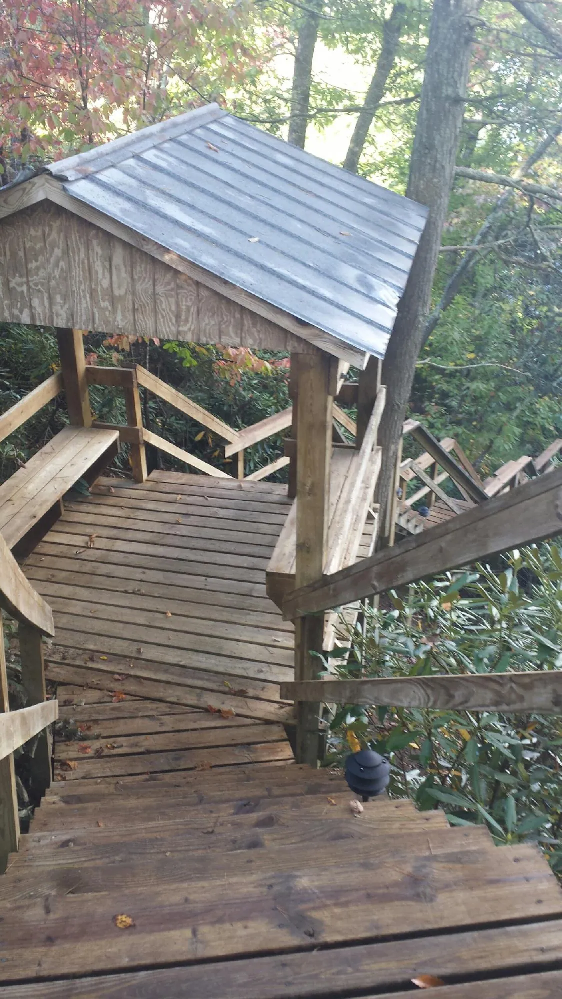 Metal roofed shelter over wooden steps on a wooded walkway — Skylight Repair & Installation work by our crew in Jacksboro